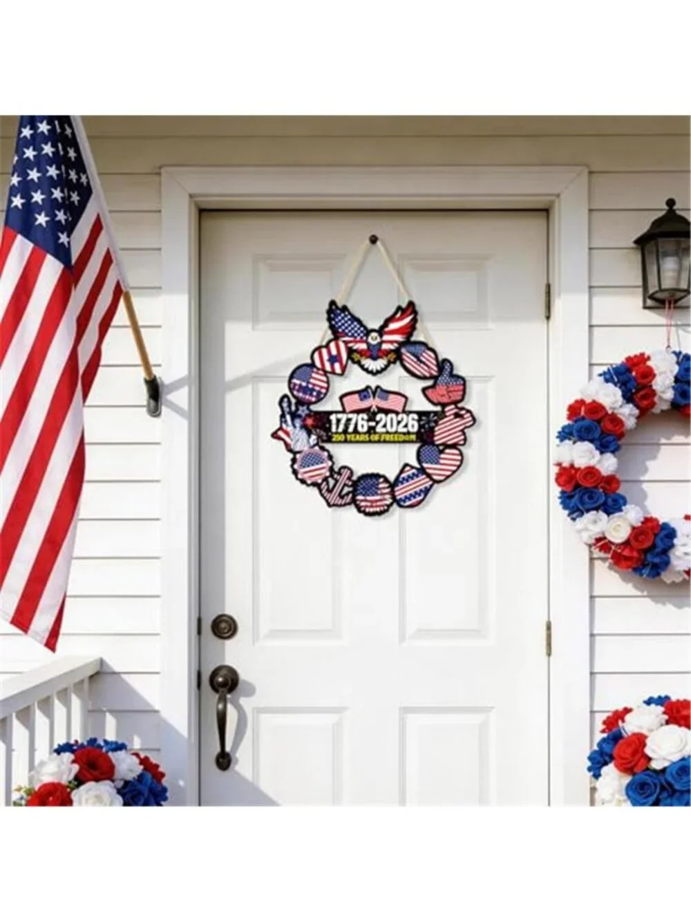 4th of July Door Wreath Wooden American Patriotic Hanging Sign Decor